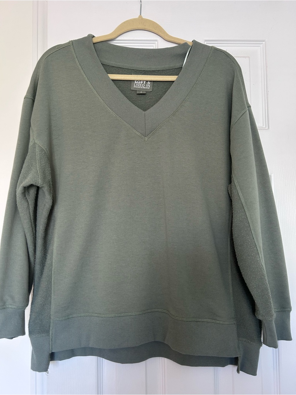 Pink Rose Women’s V-Neck Sweatshirt  in Olive. Size S